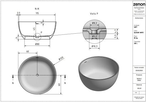 Ванна из искусственного камня Zenon Biwa 4000.000.000.000.31739 120х120 отдельностоящая круглая - фото 2