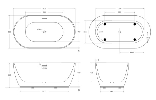 Ванна акриловая BelBagno BB413-1500-800 150х80 отдельностоящая овальная с ножками - фото 4