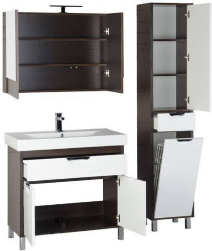 Комплект мебели: тумба с раковиной + зеркало-шкаф Aquanet Гретта 00172720 92x48x154 напольный цвет белый/темное дерево - фото 3