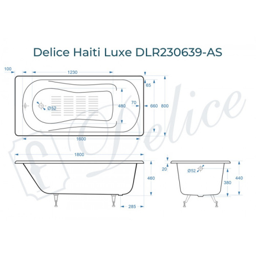 Ванна чугунная Delice Haiti Luxe DLR230639-AS 180х80 пристенная прямоугольная без ножек с антискользящим покрытием - фото 2