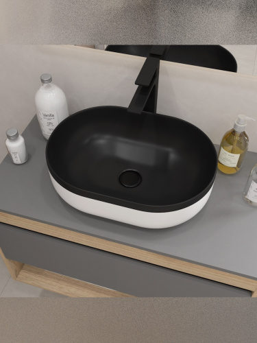 Раковина из сантехнического фарфора Teymi Solli T50388 49х35 накладная цвет черный/белый без отверстий под смеситель - фото 5