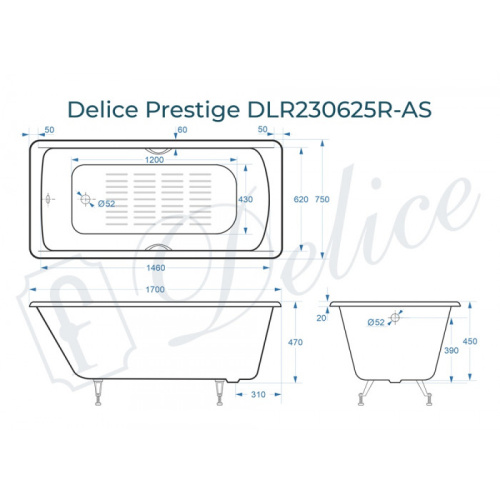 Ванна чугунная Delice Prestige DLR230625R-AS 170х75 пристенная прямоугольная без ножек с отверстиями под ручки - фото 2