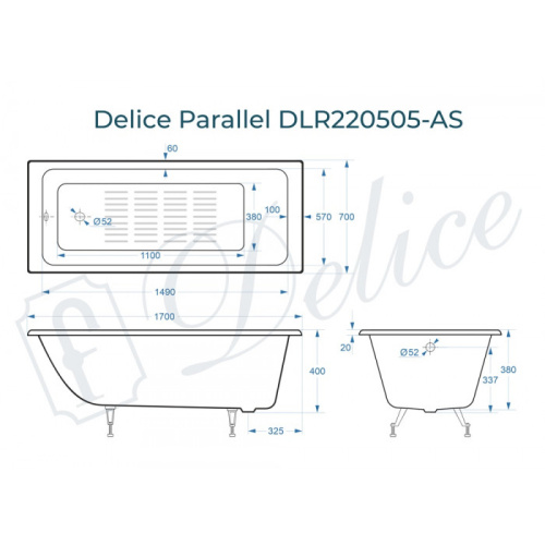 Ванна чугунная Delice Parallel DLR220505-AS 170х70 пристенная прямоугольная без ножек с антискользящим покрытием - фото 2
