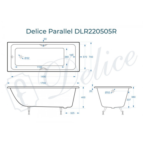 Ванна чугунная Delice Parallel DLR220505RB 170х70 пристенная прямоугольная без ножек с ручками - фото 2
