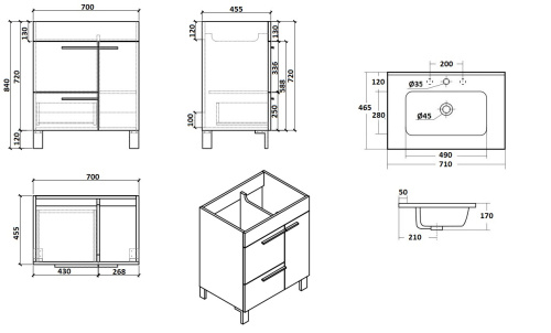 Тумба с раковиной Parly Gill Gill70 70х46х84 подвесная - фото 5