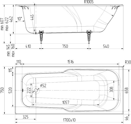 Ванна чугунная Эврика 4607152360103 170х75 пристенная - фото 2