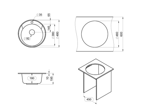 Кухонная мойка Granula Стандарт 4802, БАЗАЛЬТ 48х48 цвет базальт поверхность матовая - фото 2