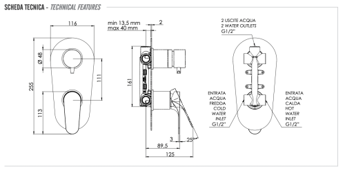 Смеситель для душа Remer Class Line L92 встраиваемый в стену хром - фото 2