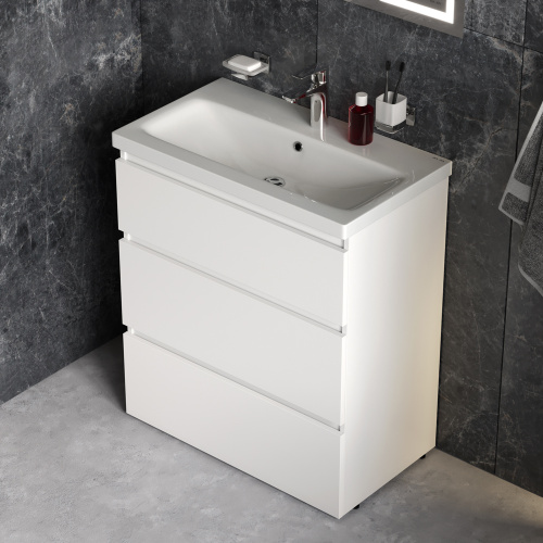 Комплект мебели: тумба 75x43x81 + раковина + смеситель + зеркало + аксессуары Am.Pm Gem S BK91GF подвесной цвет белый/серебристый/хром - фото 4