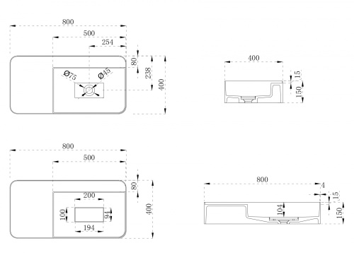 Раковина из искусственного камня Abber STEIN AS2627-0.8 80х40 подвесная цвет белый матовый без отверстий под смеситель - фото 5