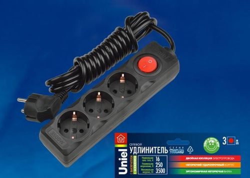 Удлинитель 2гн х 3м с/з Uniel Standard (Стандард) S-GCD3-3B Black - фото 2