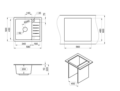 Кухонная мойка Granula Стандарт 5803, БАЗАЛЬТ 58х50 цвет базальт поверхность матовая - фото 2