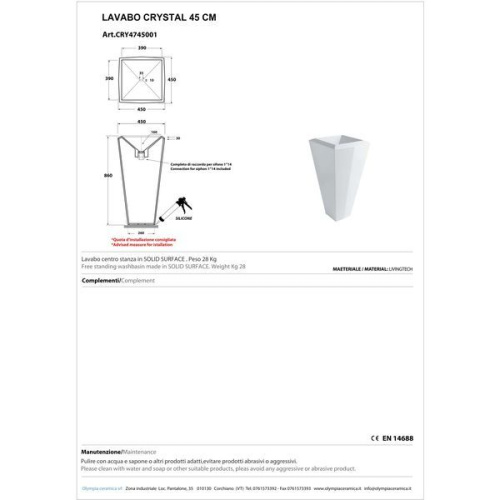 Раковина из санфаянса Olympia Crystal CRY4745001 45х45 напольная цвет белый глянцевый - фото 2