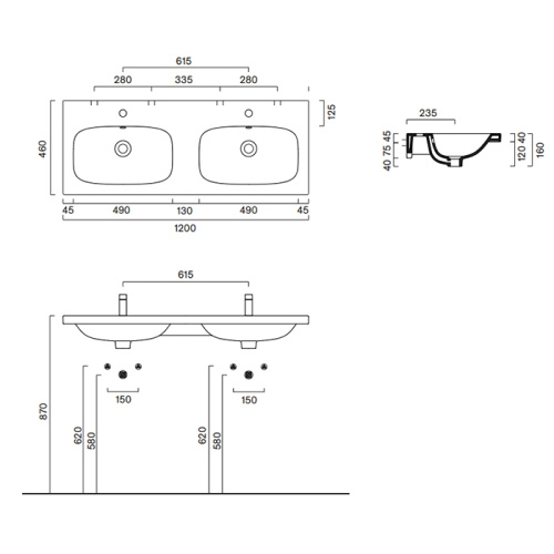 Раковина керамическая Catalano Alvea 120 см 621222001 подвесная цвет белый 1 отверстие под смеситель - фото 2