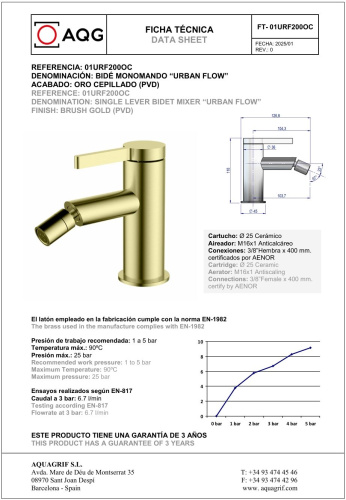 Смеситель AQG Urban Flow 01URF200OC на биде золото матовое - фото 2