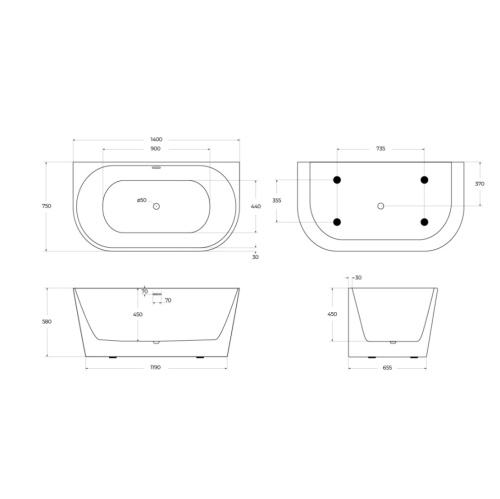 Ванна акриловая BelBagno BB710-1400-750 140х75 пристенная овальная с ножками - фото 3