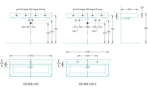 Раковина керамическая Kerama Marazzi GRANDE GR.wb.120.2 119х48 подвесная цвет белый 2 отверстия под смеситель - фото 2