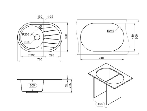 Кухонная мойка Granula Стандарт 7601, БАЗАЛЬТ 76х50 цвет базальт поверхность матовая - фото 2