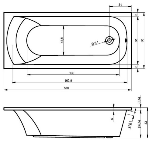 Ванна акриловая Riho MIAMI B061001005 180х80 пристенная прямоугольная без ножек - фото 2