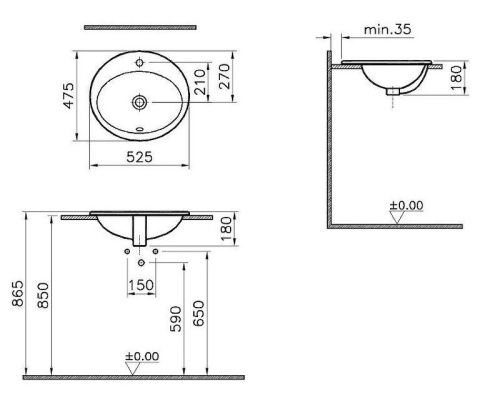 Раковина из сантехнического фарфора Vitra S20 5468B003-0001 50х40 накладная цвет белый 1 отверстие под смеситель - фото 3