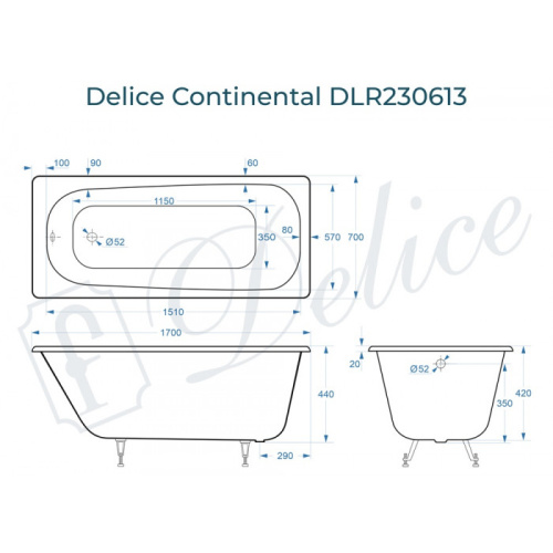Ванна чугунная Delice Continental DLR230613 170х70 пристенная прямоугольная без ножек - фото 2