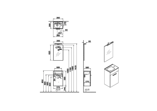 Комплект мебели: тумба 40х39х62 + раковина + зеркало Vitra Mia 75022 подвесной цвет белый глянцевый - фото 3