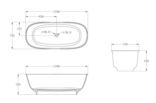 Ванна полиэфирная смола Abber Kristall AT9707Onyx 170х75 отдельностоящая овальная - фото 5