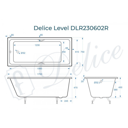 Ванна чугунная Delice Level DLR230602R 170х75 пристенная прямоугольная без ножек с отверстиями под ручки - фото 2