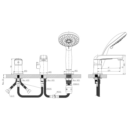 Смеситель Rossinka S S35-39 на борт ванны хром - фото 2