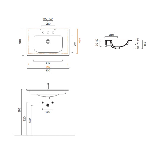 Раковина керамическая Catalano Italy 80 см 720810001 подвесная цвет белый без отверстий под смеситель - фото 2