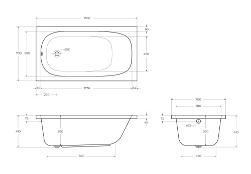 Ванна акриловая Cezares ECO ECO-130-70-40-W37 130х70 пристенная прямоугольная без ножек - фото 3