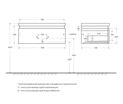 Тумба под раковину Cezares SLIDER SLIDER-800-1C-SO-NF-P 77х48х30 подвесная цвет черный - фото 2