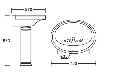 Раковина из санфаянса CeramaLux 2061 75х57 напольная цвет белый 1 отверстие под смеситель - фото 2