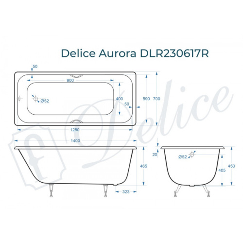 Ванна чугунная Delice Aurora DLR230617R 140х70 пристенная прямоугольная без ножек с отверстиями под ручки - фото 2