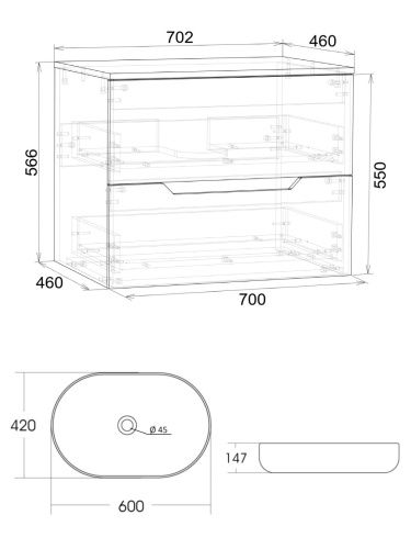 Тумба с раковиной Orange Line Li-70TugMDF+B04-600W 70х46х71 подвесная цвет графит матовый - фото 5