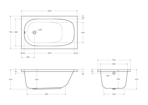 Ванна акриловая Cezares ECO ECO-120-70-40-W37 120х70 пристенная прямоугольная без ножек - фото 3