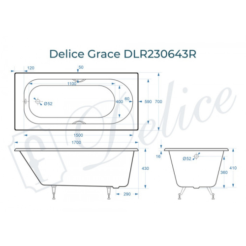 Ванна чугунная Delice Grace DLR230643R 170х70 пристенная прямоугольная без ножек с отверстиями под ручки - фото 2