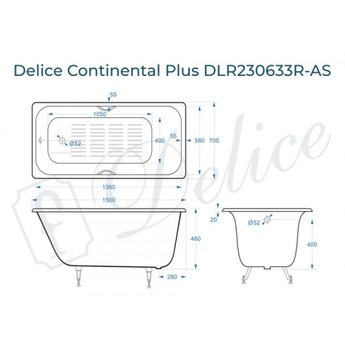 Ванна чугунная Delice Continental PLUS DLR230633R-AS 150х70 пристенная прямоугольная без ножек с отверстиями под ручки - фото 2