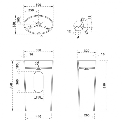 Раковина из искусственного камня Abber STEIN AS2504-H 50х32 напольная цвет белый матовый без отверстий под смеситель - фото 4
