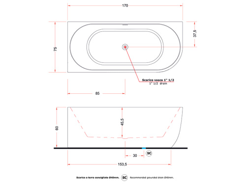 Ванна акриловая Gruppo Treesse CORA V057BO SX 170х75 пристенная асимметричная - фото 3