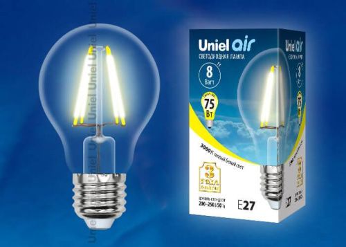 Лампа светодиодная филаментная Uniel AIR A (АИР А) LED-A60-8W/WW/E27/CL GLA01TR картон - фото 2