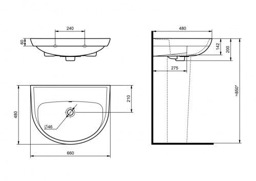Раковина из сантехнического фарфора Santeri Прайм 131176S0001B0 48х66 подвесная цвет белый - фото 4