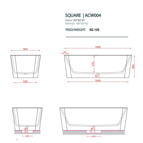 Ванна из искусственного камня Artceram Square ACW004 38 blu avio 180х80 встраиваемая прямоугольная - фото 2
