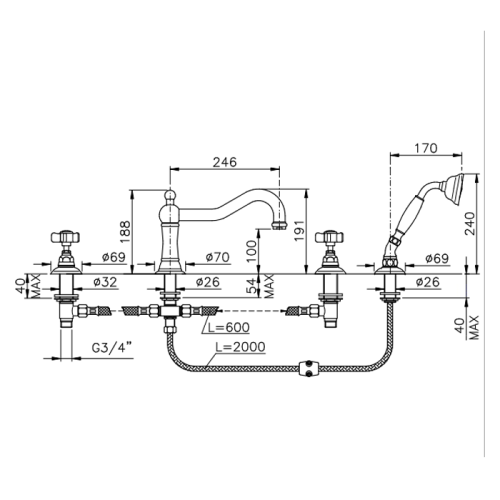 Смеситель Nicolazzi Dames Anglaises 1449CR18 на борт ванны хром - фото 2