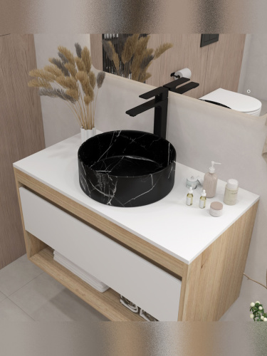 Раковина из сантехнического фарфора Teymi Lina T50183 36х36 накладная цвет черный мрамор без отверстий под смеситель - фото 4