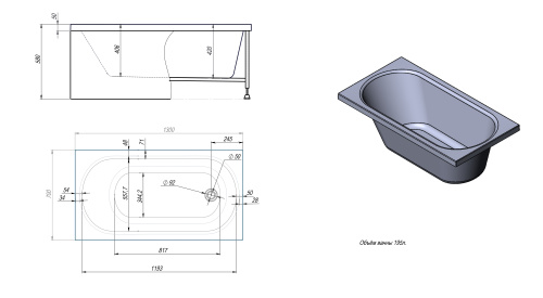 Ванна акриловая Timo ROHA ROHA1370 130х70 пристенная прямоугольная без каркаса - фото 2