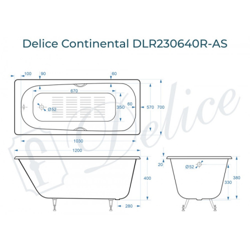 Ванна чугунная Delice Continental DLR230640R-AS 120х70 пристенная прямоугольная без ножек с отверстиями под ручки - фото 2