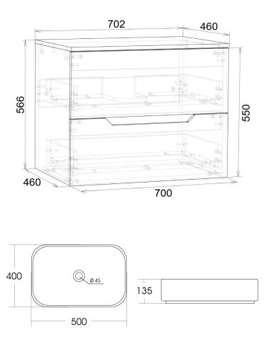 Тумба с раковиной Orange Line Li-70TugMDF+B05-500W 70х46х70 подвесная цвет графит матовый - фото 5