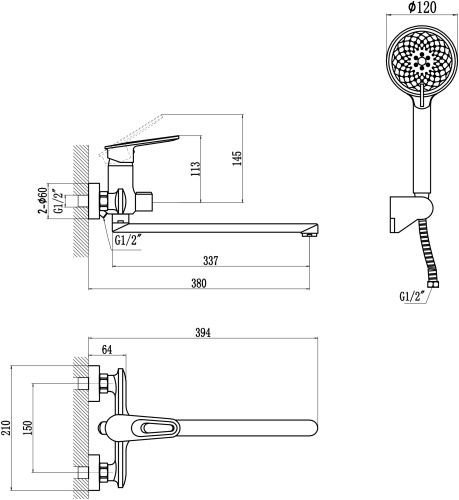 Смеситель для ванны и душа Savol S-600609AW настенный хром - фото 2