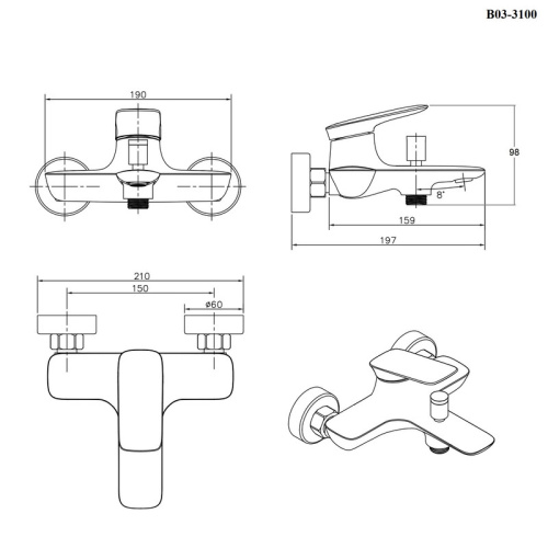 Смеситель для ванны Bond Cube B03-3100 настенный хром глянцевый - фото 4